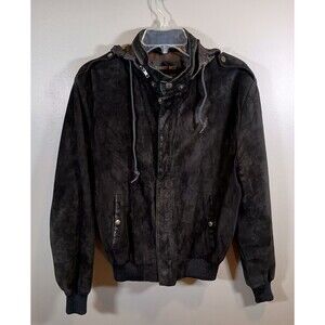 Tannery West Vintage Leather Suede Hooded Black Zip Bomber Coat Mens Size 42